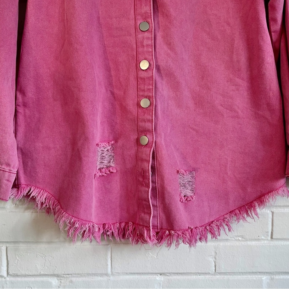 Fantaslook Pink Distressed Denim Jacket/Shacket w/ Frayed Hem, SZ S NWOT - Picture 8 of 13